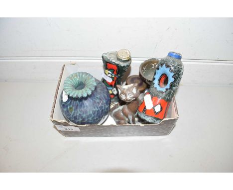 SMALL GROUP OF GLASS VASES, MODEL OF A CAT ETC