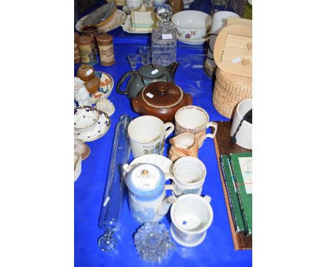 MIXED LOT OF CERAMICS TOGETHER WITH GLASS DECANTER AND GLASSES AND GLASS ROLLING PIN