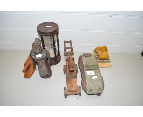 WOODEN MODEL OF A VINTAGE CAR, LARGE EGG TIMER AND OTHER ITEMS