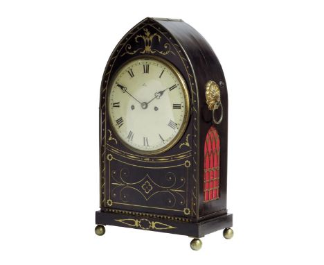 A Regency ebonised and brass inlaid bracket clock, the eight day twin barrel movement striking the quarters and hours on two 