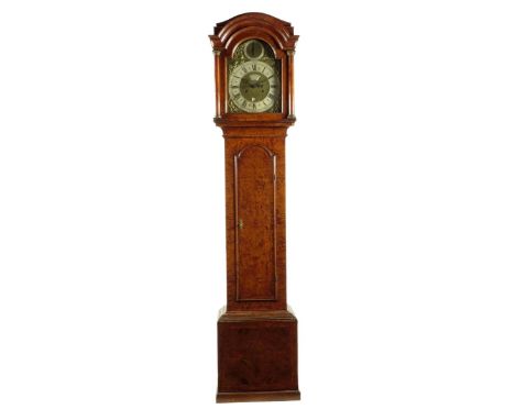 A walnut longcase clock, the eight day movement, with five turned pillars and an anchor escapement striking on a bell, with a