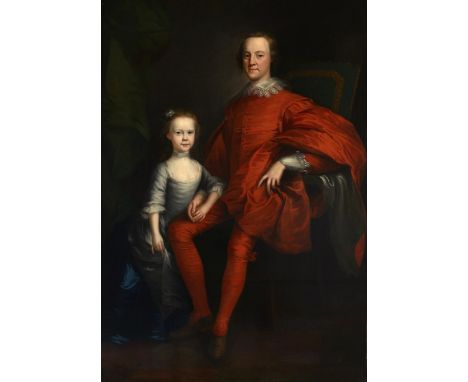 `Attributed to Joseph Van Aken Portrait of a gentleman in a red suit and his daughter Oil on canvas 162 x 114cm The frame bea