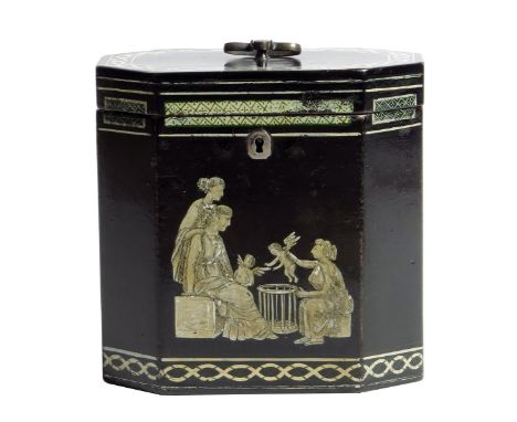 A George III papier-mache tea caddy attributed to Henry Clay, of canted rectangular form, the front decorated with classical 