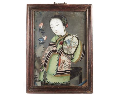 Four Chinese reverse glass portrait paintings of ladies, two behind mirrors, 19th / 20th century, 48.8 x 33.5cm (max), all fr