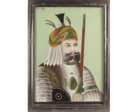 A pair of Chinese reverse glass portrait paintings, one possibly of Genghis Khan, the other of an Indian Prince, together wit