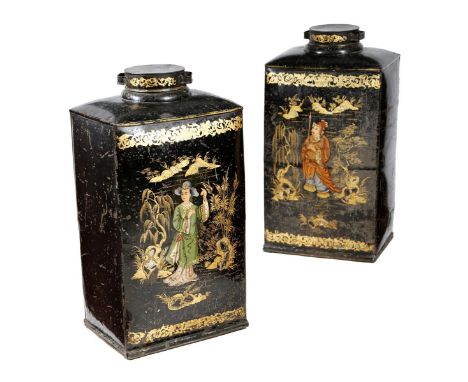 A large pair of late Victorian tole tea canisters, each with Chinese figures and with gilt and mother of pearl highlights, th