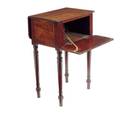 A rare Regency mahogany deception table, inlaid with ebonised stringing, one flap hinges, the other with a brass catch and on