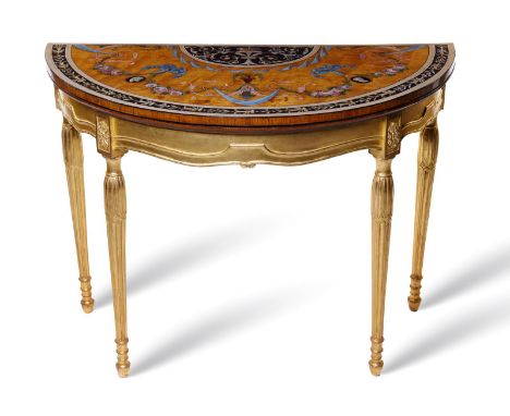 A George III painted satinwood demi-lune card table in the manner of Seddon, the hinged fold-over top decorated with ribbon t