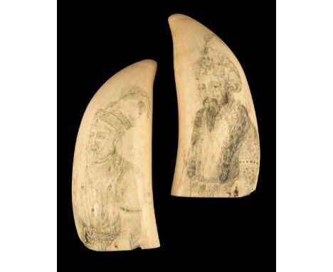 A pair of sailor's scrimshaw whales teeth, each decorated with a portrait of an Indian prince, 17.5cm long. (2)