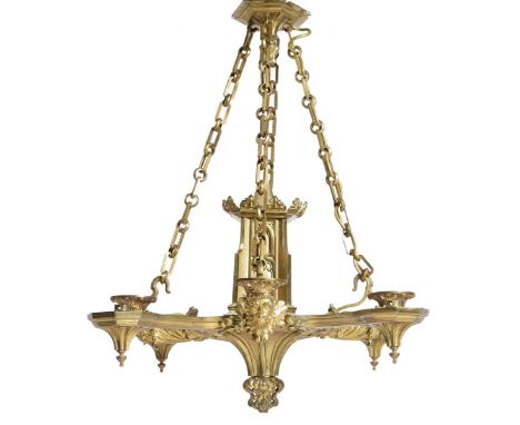 A 19th century French ormolu chandelier, with four scrolling arms cast with male masks and with four arms with octagonal ligh