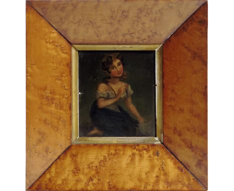 English School (19th century). An oil painting on board of a lady kneeling holding a letter in her left hand, in a bird's eye