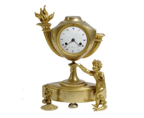 A French Empire ormolu mantel clock, the eight day movement with an outside countwheel, striking on a bell, the enamel circul