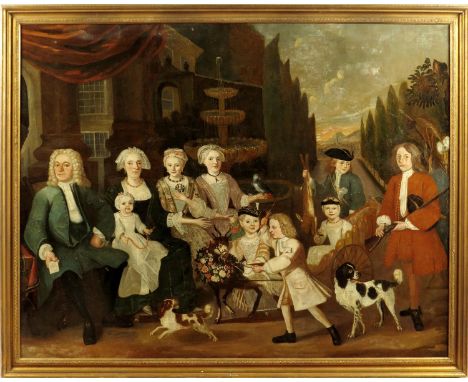 North Netherlands School, circa 1740 Portrait group of a family with figures returning from shooting: gentleman, ladies and c