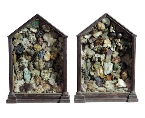 A pair of late 19th century geological specimen stone displays, each with various hardstones, marbles and quartz specimens, i