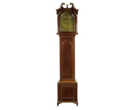 An oak longcase clock, with an eight day movement with five turned pillars and an anchor escapement striking on a bell, the a