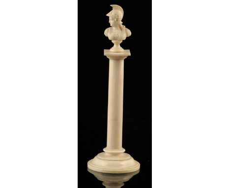 λ A 19th century French ivory thermometer, in the form of a column with a classical bust finial, with an engraved scale, glas