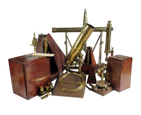 A collection of scientific instruments, including: an early 19th century Culpepper type lacquered brass microscope by W & J G