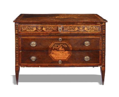 An Italian walnut and fruitwood marquetry neo-classical commode, the banded top decorated with victory trophies, above a frie