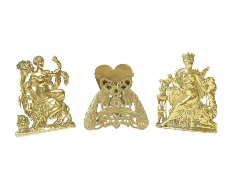 A pair of Regency brass chimney ornaments, representative of the two continents seated on a camel and a lion, 8.4cm high, tog
