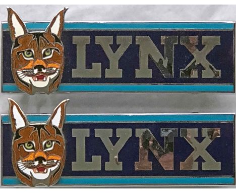 Pair of 1980s/90s enamel &amp; chrome VEHICLE BADGES for Leyland Lynx buses. They measure 7" x 2.5" (18cm x 6cm) and are 'new