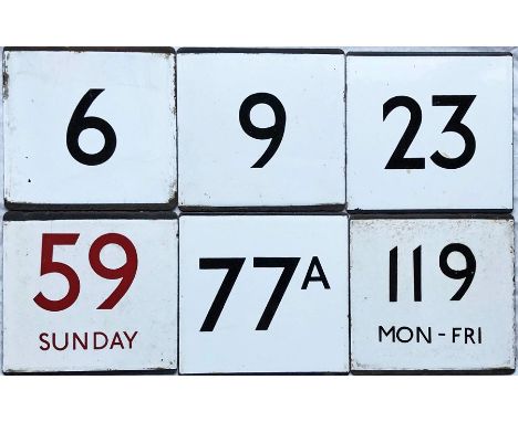 Selection (6) of London Transport bus stop enamel E-PLATES comprising routes 6, 9, 23, 59 Sunday (in red), 77A and 119 Mon-Fr