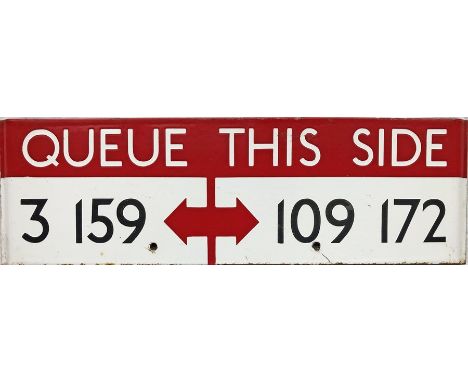 London Transport bus stop enamel Q-PLATE 'Queue this side 3, 159 [2-way arrow] 109, 172'. One of a small number of plates tha