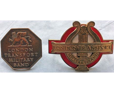 Pair of London Transport Military Band CAP BADGES, the first believed to be 1930s/1940s, made of brass and with the LT griffi
