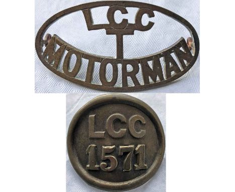 Pair of early 20th century LCC Tramways brass CAP BADGES, the first for a Motorman (electric tram driver) and the second '157