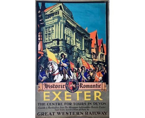 c1931 Great Western Railway (GWR) double-royal POSTER 'Historic Romantic Exeter' by Leslie Carr. Depicts a 17th -century scen