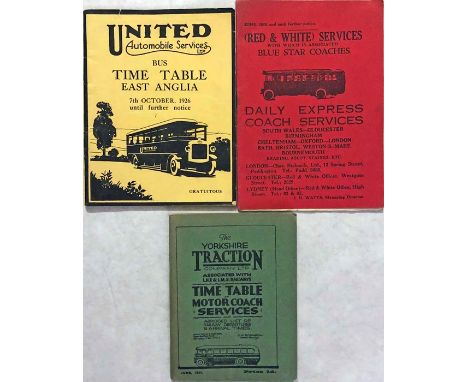 Selection (3) of 1920s/30s bus &amp; coach TIMETABLE BOOKLETS  comprising United Automobile Services, East Anglia dated Octob