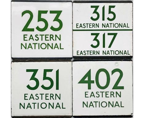 Selection (4) of London Transport bus stop enamel E-PLATES for Eastern National routes 253, 315/317, 351 &amp; 402. In good t