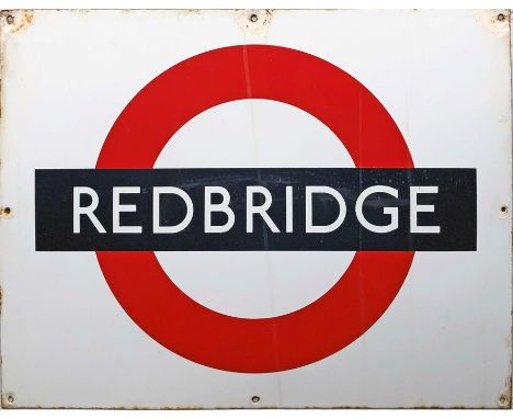 1950s/60s London Underground enamel PLATFORM BULLSEYE SIGN from Redbridge station on the Central Line, Hainault loop. Measure