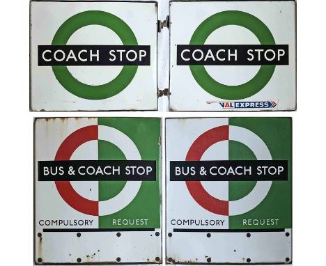 Pair of 1950s/60s London Transport bus and coach STOP FLAGS, both 2-sided, hollow, 'boat'-style: the first a Coach (compulsor