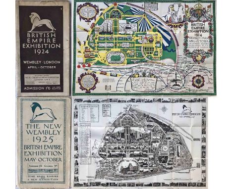 Pair of 1924 &amp; 1925 British Empire Exhibition at Wembley official, fold-out GUIDES, the first with a map designed by Kenn