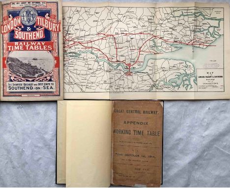 1912 (June-Sept) London, Tilbury &amp; Southend Railway TIMETABLES with cover illustration of Southend-on-Sea and fold out ma