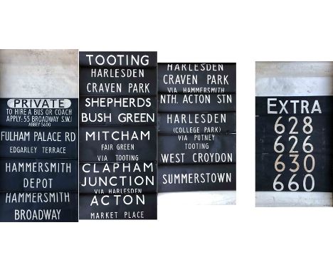 Pair of London Transport TROLLEYBUS DESTINATION BLINDS from Hammersmith (HB) depôt, the first for the front &amp; rear boxes,