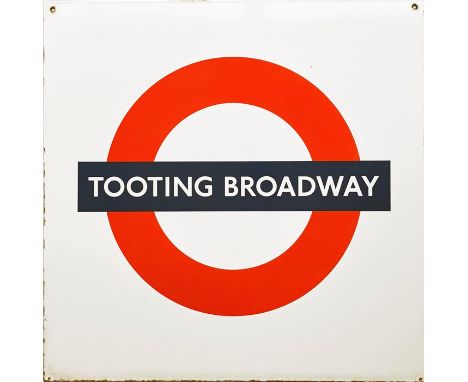 c1980s London Underground enamel PLATFORM ROUNDEL SIGN from Tooting Broadway station on the Northern Line. Measures 25" (64cm