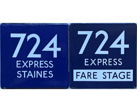 Pair of London Transport coach stop enamel E-PLATES for Green Line route 724 Express, the first destinated Staines and the se