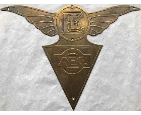 1930s AEC &amp; English Electric brass TROLLEYBUS BADGE from an AEC trolleybus with English Electric bodywork. Measures 13.5"