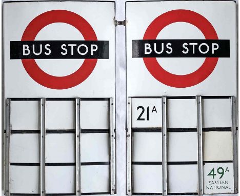 London Transport enamel BUS STOP FLAG (Compulsory). A 1950s/60s 'bullseye'-style, E9-size, double-sided 'boat'-type flag with