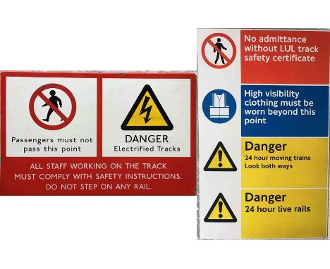 Pair of London Underground enamel WARNING SIGNS as located at the ends of platforms. The first is flanged, c1980s, and measur