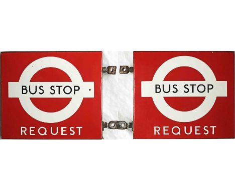 1950s/60s London Transport enamel BUS STOP FLAG, the 'request' version. A double-sided, hollow, 'boat'-style flag measuring 1
