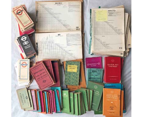 Crate containing a very large quantity of London Transport TIMETABLE BOOKLETS (50+), POCKET MAPS (90+), PANEL TIMETABLES (200