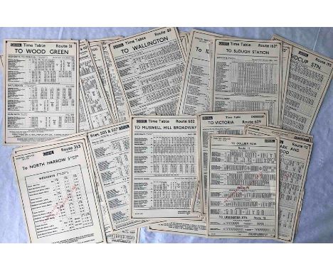 Quantity (55+) of 1930-33 London General Omnibus Co PANEL TIMETABLES  for routes numbered between 21 and 629/G1-G40. Most are