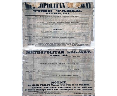 Pair of 1863/1864 Metropolitan Railway TIMETABLE POSTERS from the first and second years of operation of the original Padding