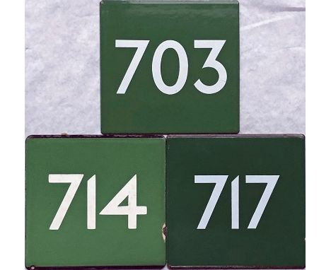 Selection (3) of London Transport coach stop enamel E-PLATES for Green Line routes 703, 714 &amp; 717. Generally in good to v