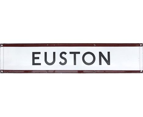 c1940s London Underground enamel PLATFORM FRIEZE PANEL from Euston station. A very early panel which features brown edging wh