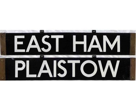 London Underground CO/CP-Stock enamel DESTINATION PLATE for East Ham/Plaistow on the Hammersmith &amp; City Line. Double-side