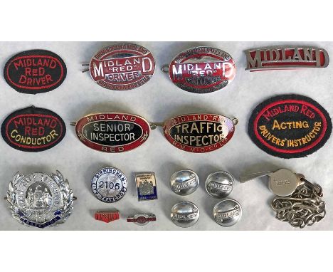 Quantity of Midland Red &amp; Birmingham City Transport CAP &amp; LAPEL BADGES etc including driver &amp; conductor, inspecto