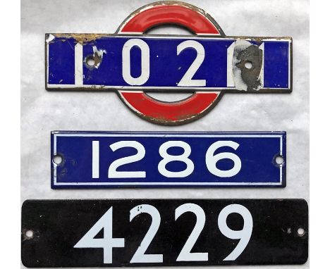 Selection (3) of London Underground car interior enamel stocknumber plates comprising 38-Stock driving motor car 10211 (some 